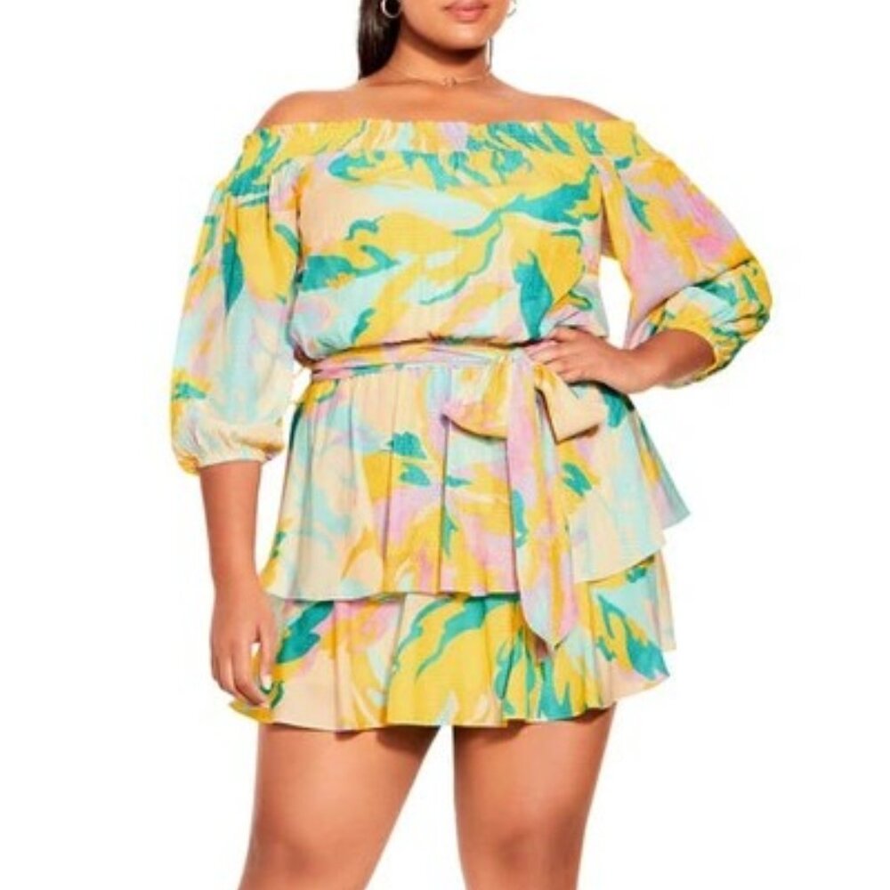 City Chic Off-Shoulder Tropical Mini Dress - Yellow, Green, Pink